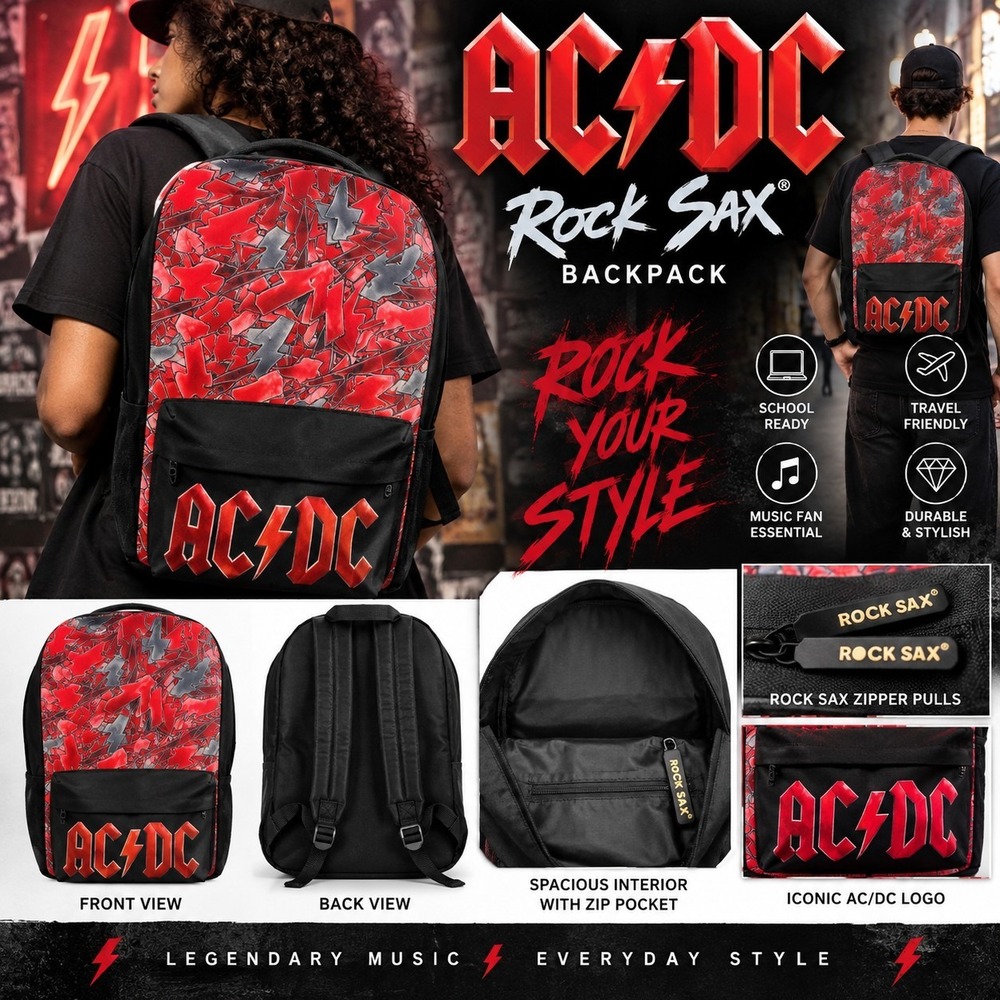 AC/DC Rock Sax Backpack Red Black Lightning Bolt Logo Rock Band Bag 16"